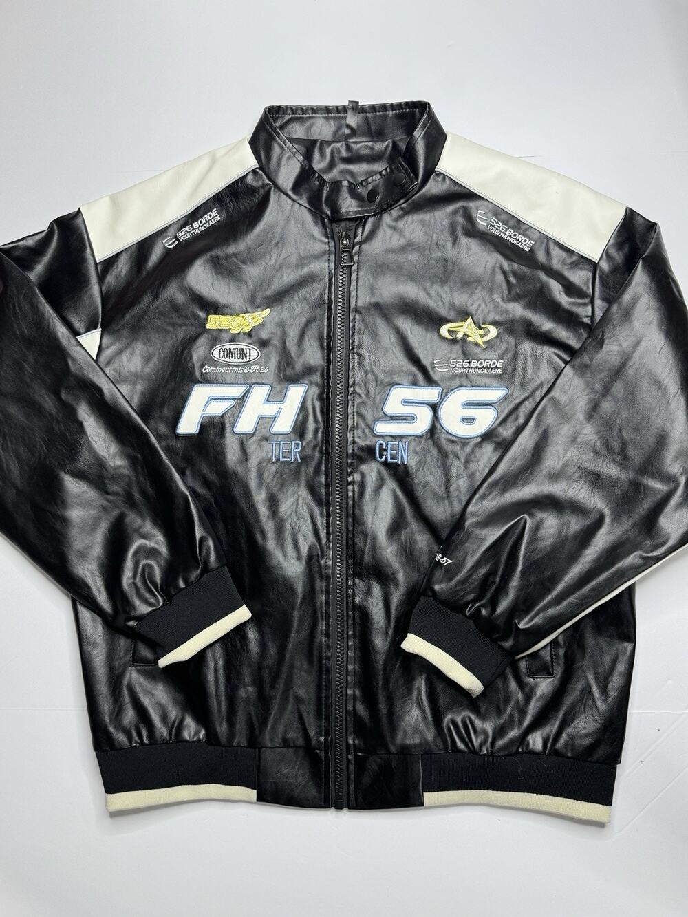 Mens XXL Black White Faux Leather Racing Jacket Embroidered Y2K Moto Bomber